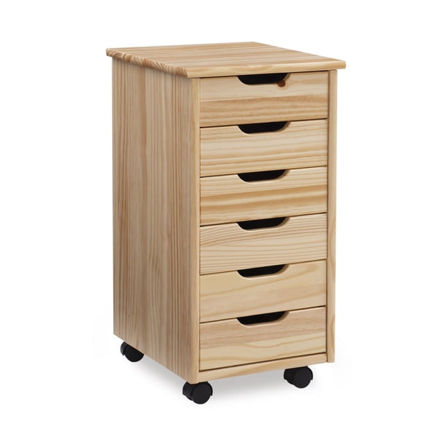 Craydon Six-Drawer Rolling Storage Cart in natural wood finish with six equal-sized drawers featuring smooth contoured handle cutouts and black casters for mobility, drawer dimensions 9.61 by 12.36 by 2.05 inches, suitable for organizing office, craft, or kitchen supplies.