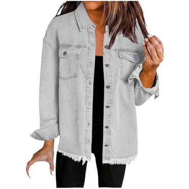 Womens Denim Jacket, Oversized Button up Frayed Hem Shacket with Pockets Long Sleeve Jean Jacket Ladies Jacket Gray XXL