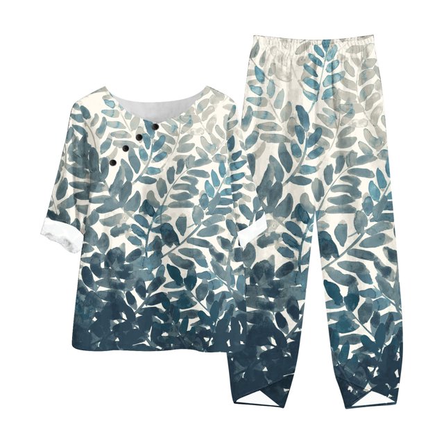Mikilon Ensemble Élégant pour Femmes 2 Pcs Coton & Lin Imprimé Manches 5/10 Col Rond + Pantalon Décontracté Ensemble Chic & Confortable Manches Courtes Col Rond Blouse/chemise Gris 2TG