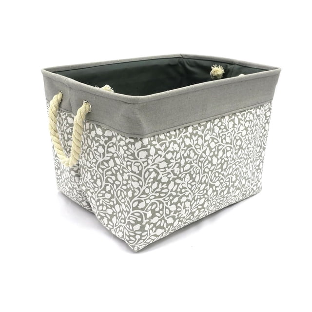 hometrends Printed Fabric Basket Large in grey with white floral vine pattern, rectangular fabric storage bin with reinforced rim and rope handles, ideal for organizing closets, living rooms, or cubical shelves, also suitable as a stair basket or general organizer