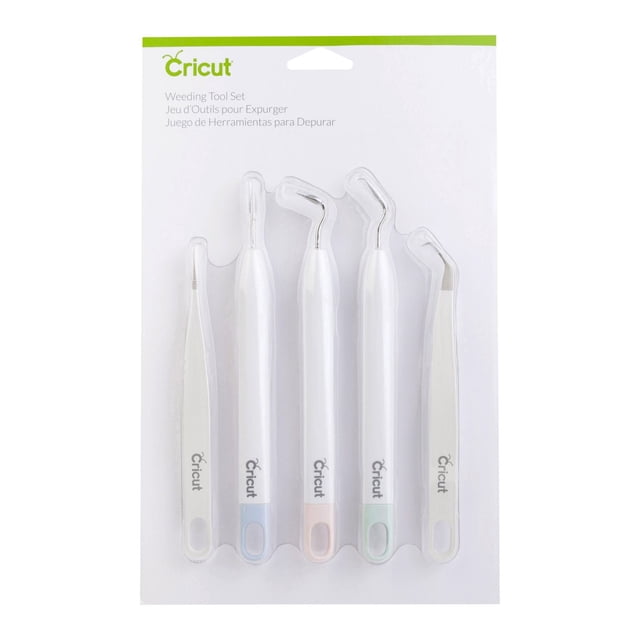 Cricut® Basic Weeding Tool Set with five white-handled precision craft tools featuring varied angled metal tips and tweezers for vinyl weeding and application, displayed in clear plastic packaging on a white card with green Cricut logo and multilingual text, suitable for detailed crafting projects.