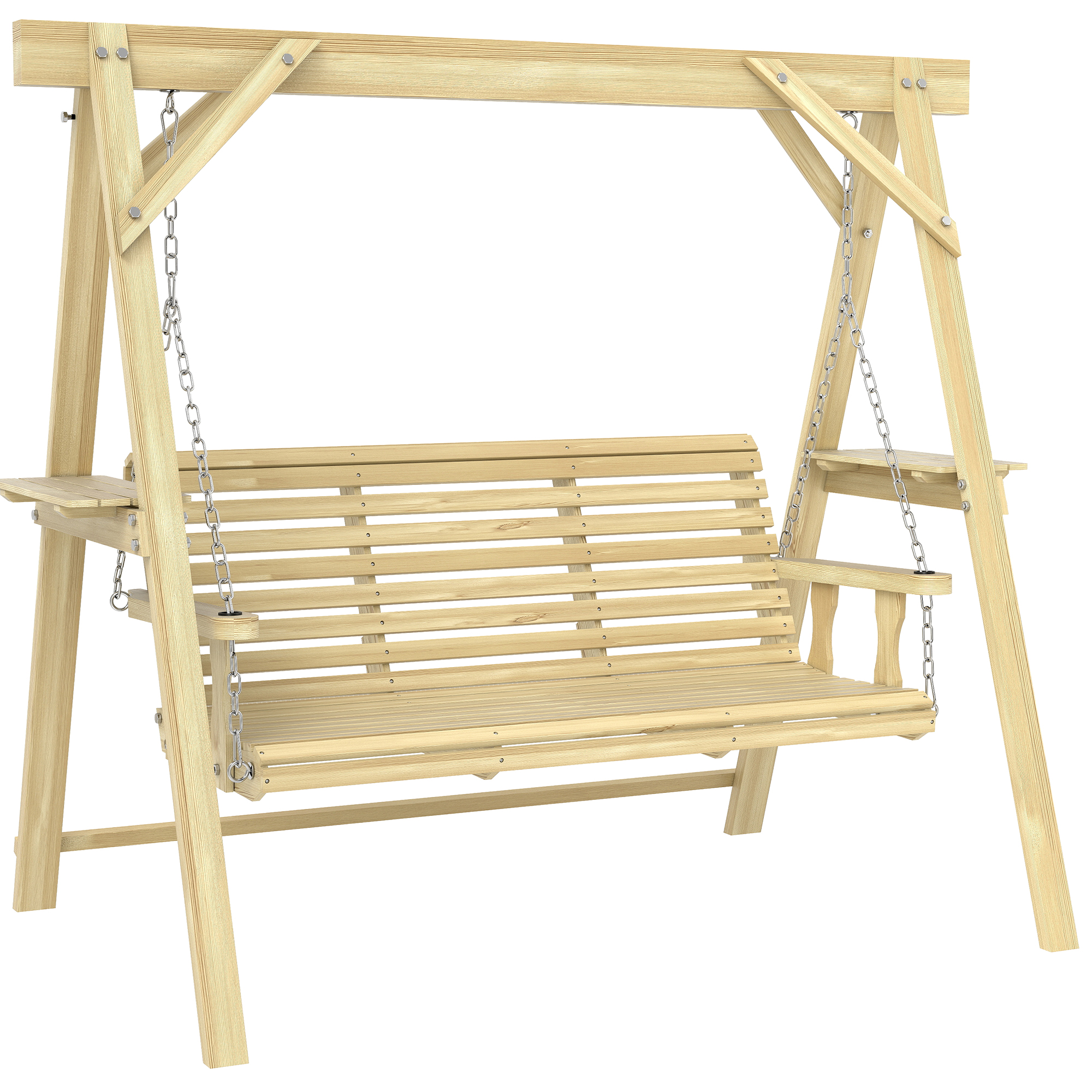 Outsunny Balançoire de Porche à 3 Places avec Support et Tables d'Appoint, Bois Naturel