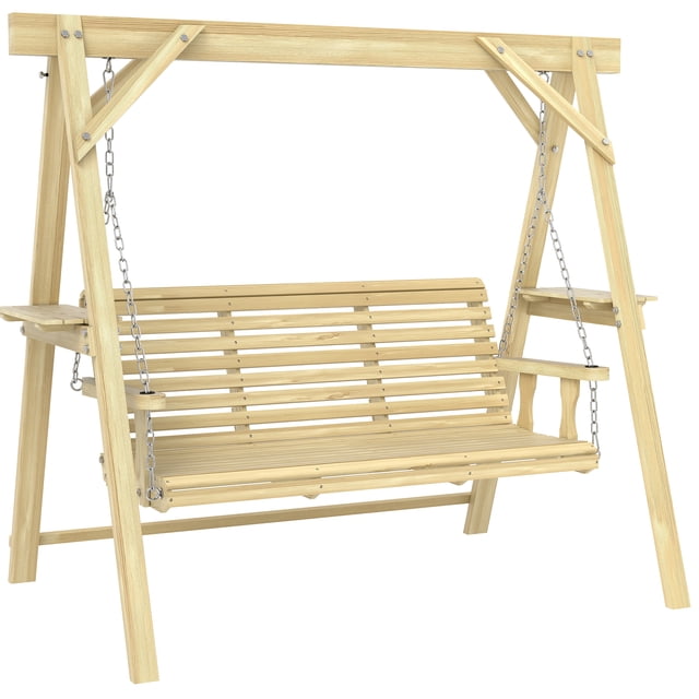 Outsunny Balançoire de Porche à 3 Places avec Support et Tables d'Appoint, Bois Naturel