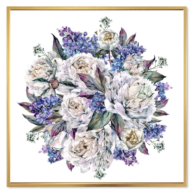 Designart Bouquet Peonies In White and Blue FLOAT FRAME WALL ART displaying a traditional floral canvas print of white peonies and blue flowers with green and purple leaves, gallery-wrapped on premium cotton canvas and mounted in a light wood floating frame, ready to hang in home décor.
