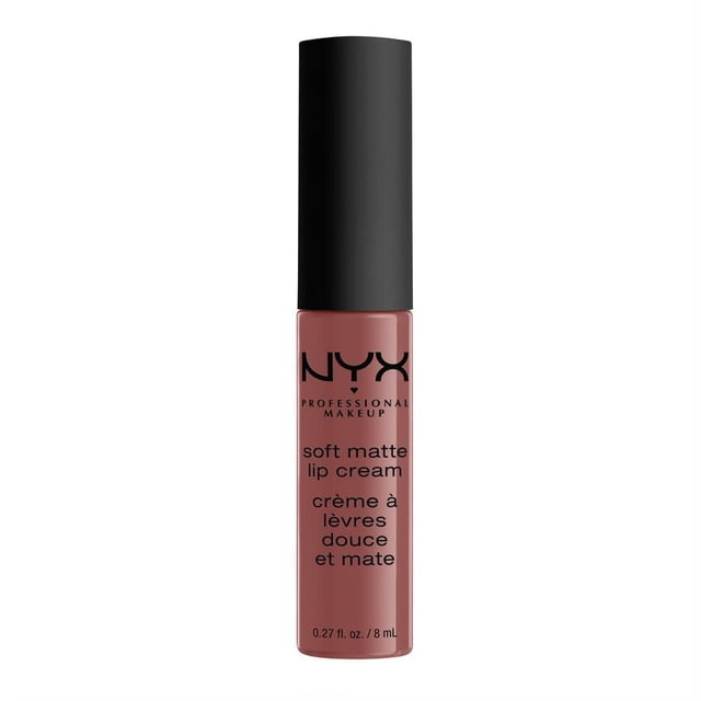 NYX Professional Makeup Soft Matte Lip Cream in a nude rosy shade, in a clear cylindrical tube with a black matte cap and printed branding, featuring a creamy, lightweight formula that delivers a soft matte finish for long-lasting lip color.
