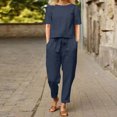 thumbnail image 2 of Mikilon Ensemble Élégant pour Femmes 2 Pcs Mode Col Rond Manches Courtes Haut Pantalon Long Ensemble Décontracté Mode Col Rond Manches Courtes Hauts Pantalons Ensemble Décontracté Bleu TP, 2 of 6