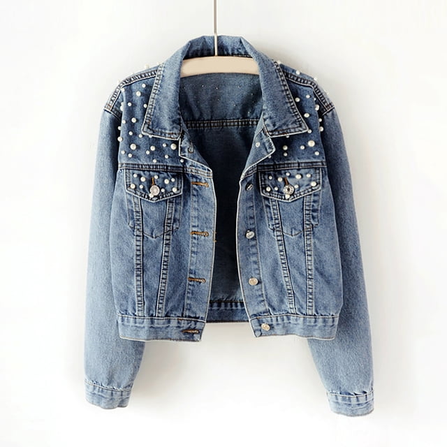 Veste Décontractée pour Femme, Coupe Ajustée, Perles, à Simple Boutonnage, Veste en Denim, Manteau Court