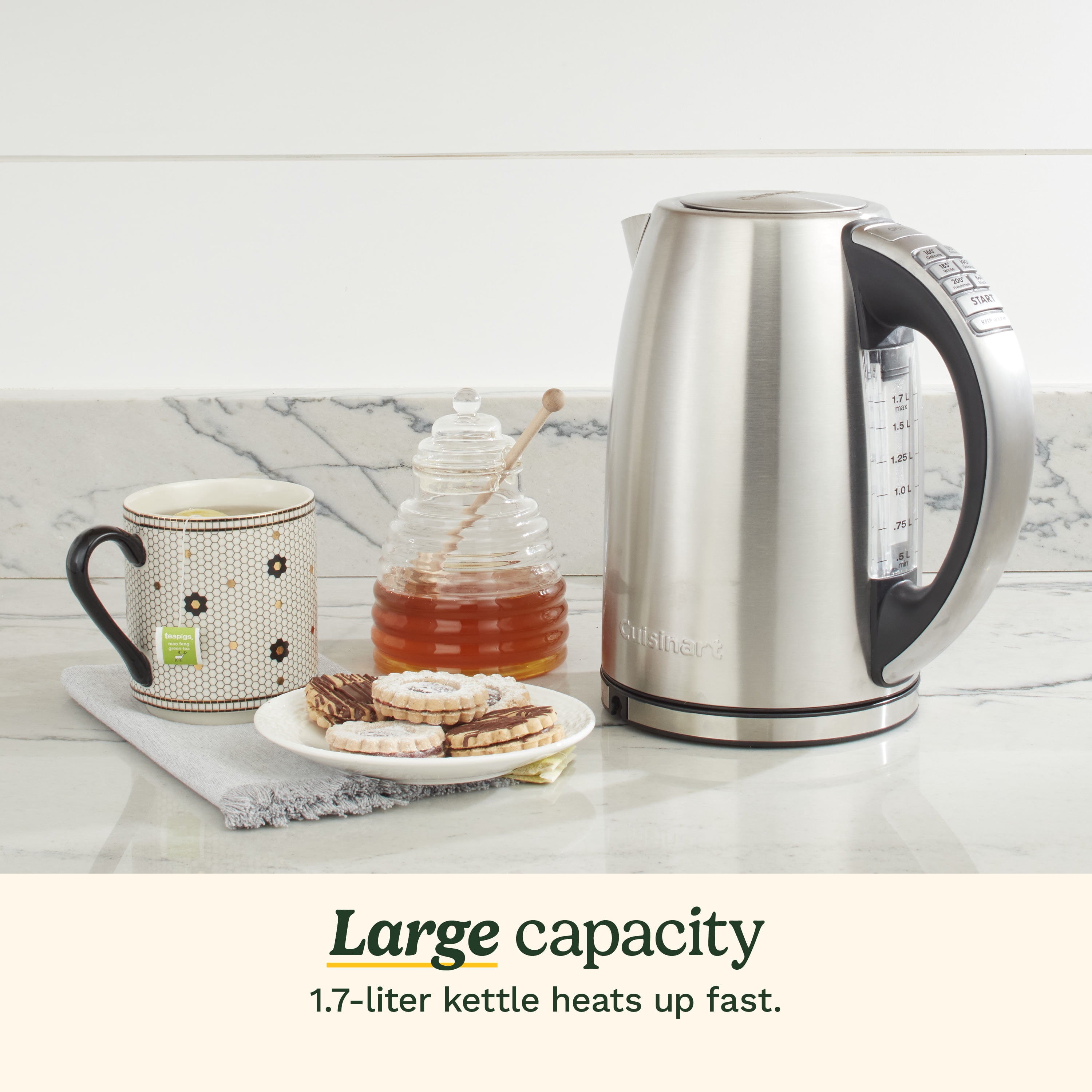 Bouilloire électrique Cuisinart PerfecTemp 1,7 L, chauffe rapide 1500 W, 6 températures préréglées, maintien au chaud 30 min, sans fil, acier inoxydable (CPK-17C)