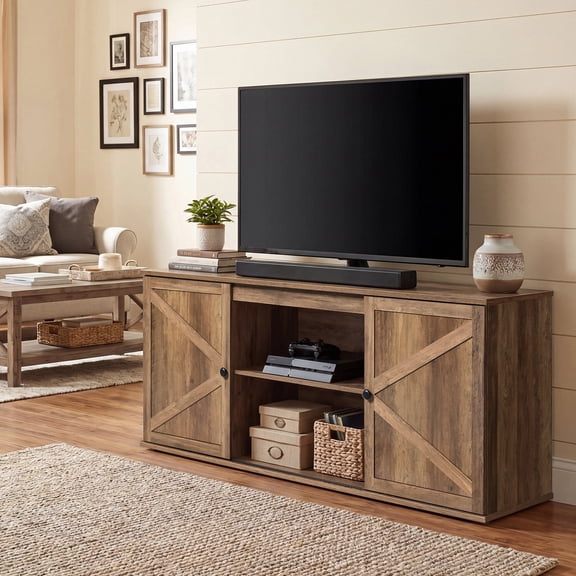 LEDREM Meuble Télé Style Ferme avec Portes de Grange Coulissantes, Meuble Console Multimédia, 57.9 x 15.7 x 23.8 Pouces, Brun Chaud