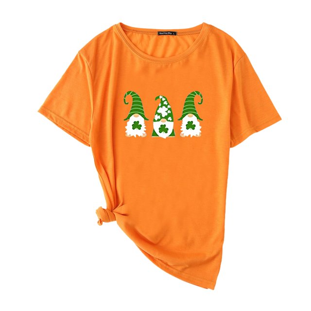 Pxiakgy Vente de Liquidation! T-Shirt de la Saint-Patrick pour Femmes Gnomes Mignons T-Shirt Imprimé Trèfle Manches Courtes T-Shirts Graphiques Hauts Femmes Manches Courtes Col Rond Mode Décontractée Orange G