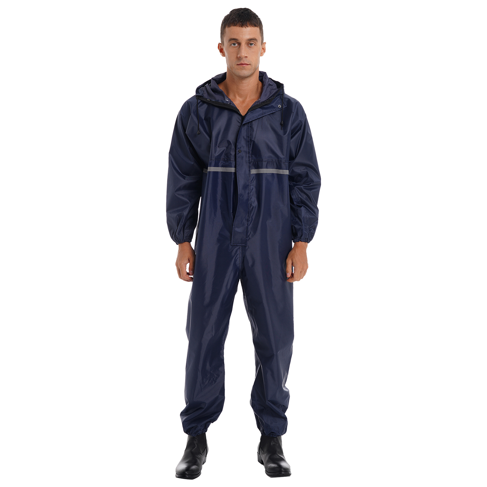 Miaeowve Mens Motorcycle Rain Suit One Piece Hooded Jumpsuit Reflective Strip Waterproof Rainsuit Navy Blue 170/L