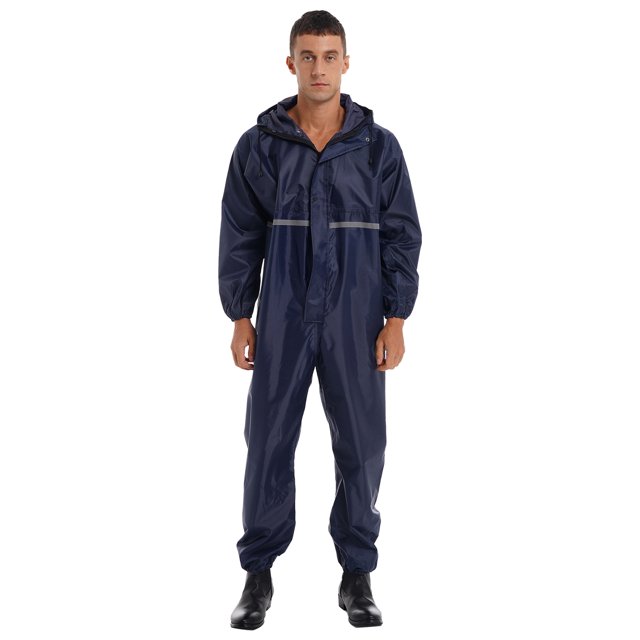 Miaeowve Mens Motorcycle Rain Suit One Piece Hooded Jumpsuit Reflective Strip Waterproof Rainsuit Navy Blue 170/L
