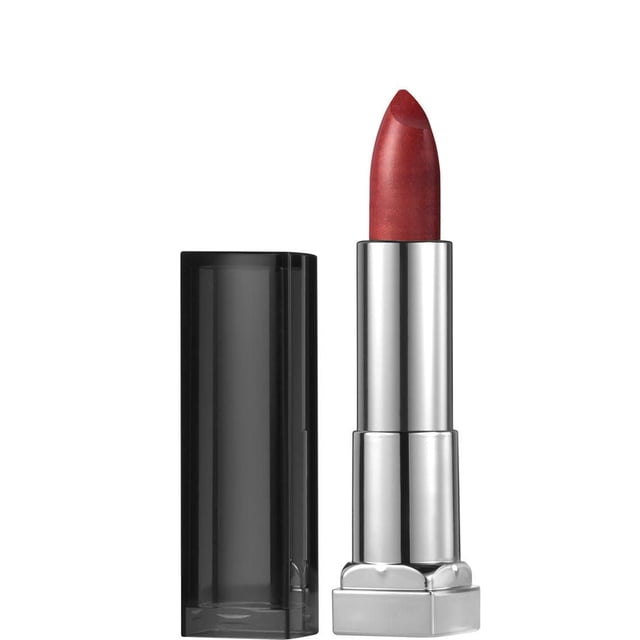 Maybelline New York Color Sensational® Matte Metallics lipstick, 0.15 oz, in a deep red metallic earth tone shade with a creamy matte texture, in a silver metallic tube with a black translucent cap, suitable for a rich, comfortable lip color.