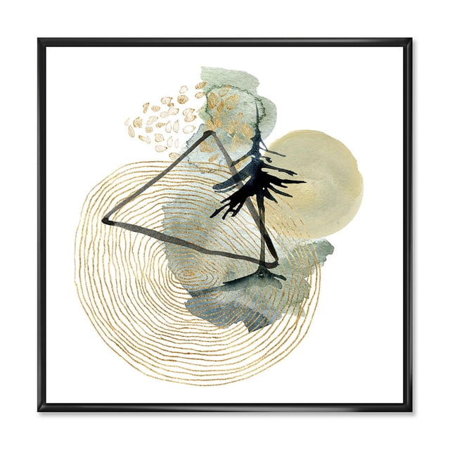Designart Abstract Landscape Of Mountains Moon and Tree FLOAT FRAME WALL ART with a centered abstract design featuring a black triangular mountain shape, black tree silhouette, gold concentric tree rings, green watercolor patches, and a pale yellow moon on premium canvas gallery-wrapped on a 1-inch black wood floating frame, ready to hang.