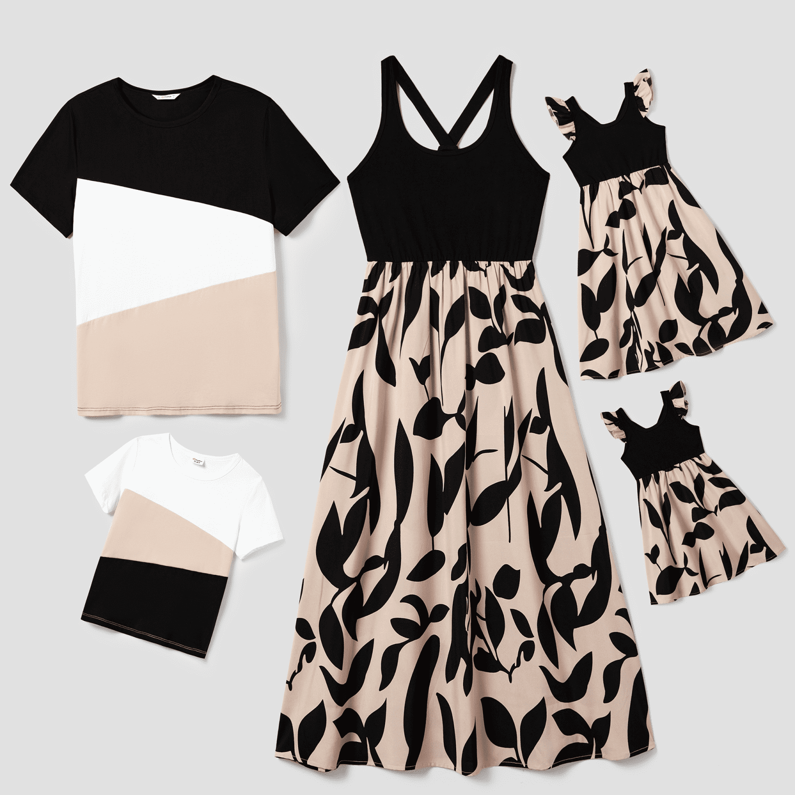 PatPat Family Matching Cross Back Floral Strap Dress and Colorblock Top Sets