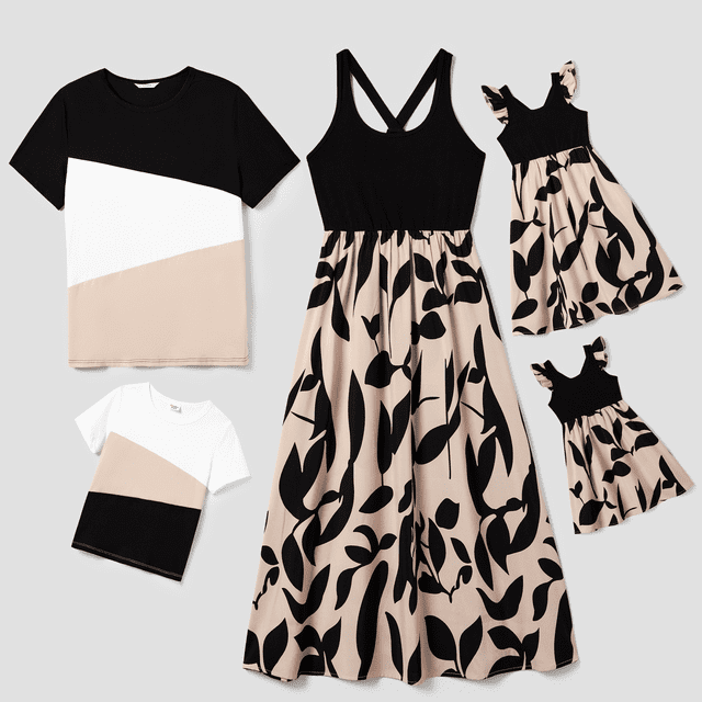 PatPat Family Matching Cross Back Floral Strap Dress and Colorblock Top Sets