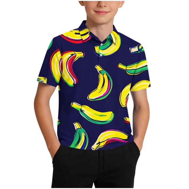 Zpanxa Chemise Garçon à Boutons, Imprimé, Col à Revers, Manches Courtes, Chandail Décontracté à Enfiler en Polyester, 14-15 Ans