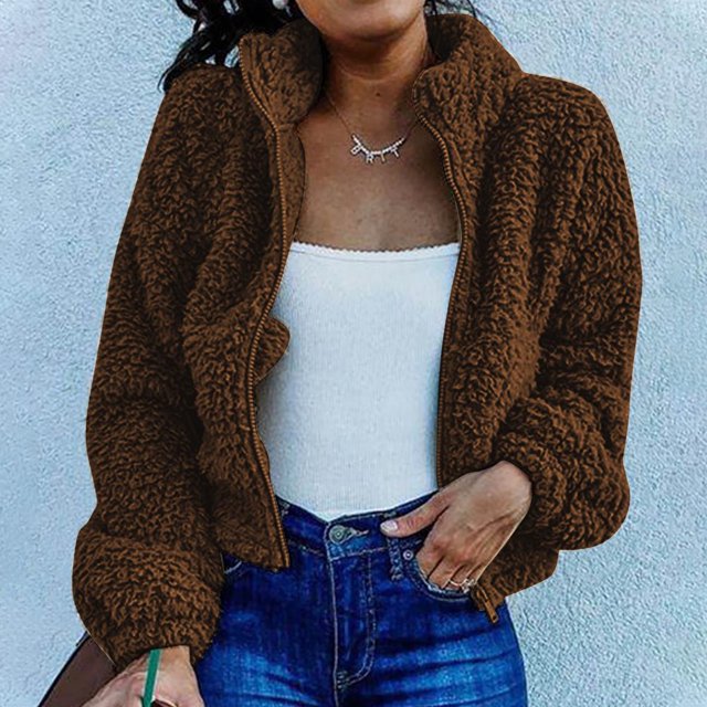 Femmes Sherpa Veste Revers Manches Longues Récolte Molleton Floue Zip Vestes Manteau Hiver Chaud Solide Pelucheux Outwear