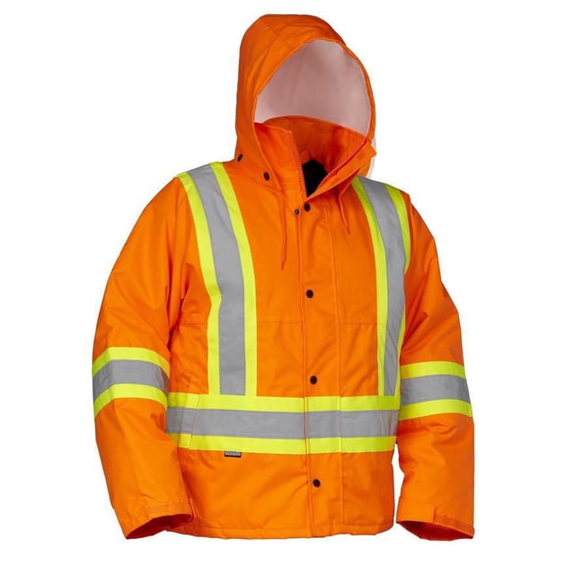 Forcefield Men's Safety Driver's Jacket in fluorescent orange ripstop polyester with lime and grey reflective stripes on front, sleeves, and waist. Waist-length, waterproof, tear-resistant, windproof with snap-off hood and front snap closures, meeting CSA Z96-15 and ANSI 107-2015 standards, suitable for truck drivers and workwear.