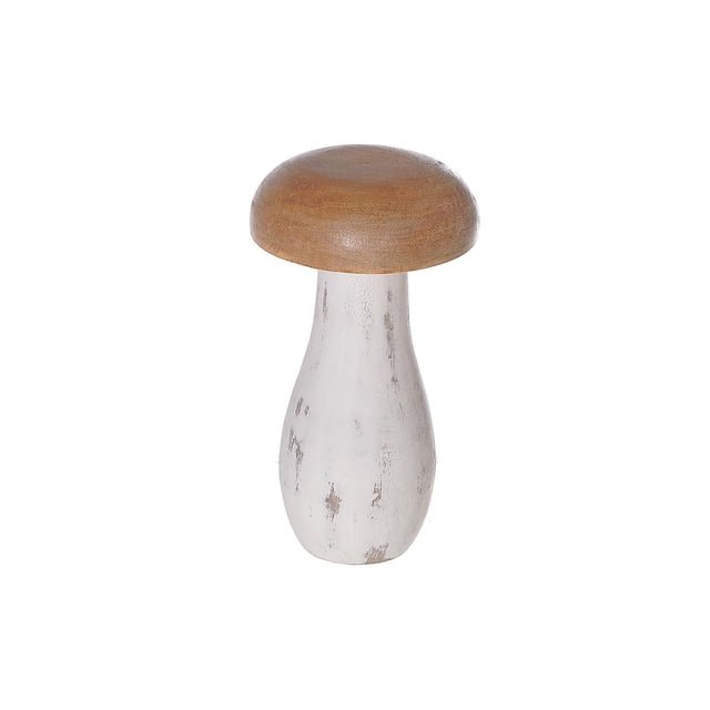 Mango Wood Natural & White Mushroom Large decorative figurine featuring a natural wood rounded cap and a white distressed mango wood stem, measuring 8.25 inches tall, ideal for contemporary home décor or as a paperweight.