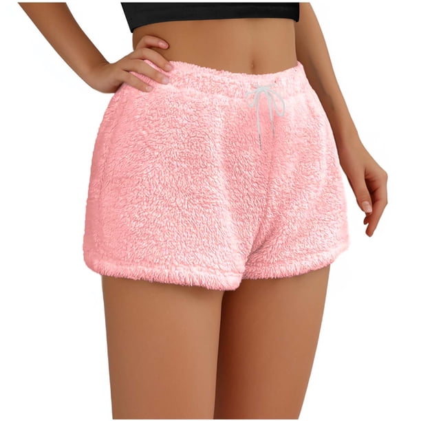 Lenpel Women's Fuzzy Pajama Shorts High Waisted Drawstring Soft
