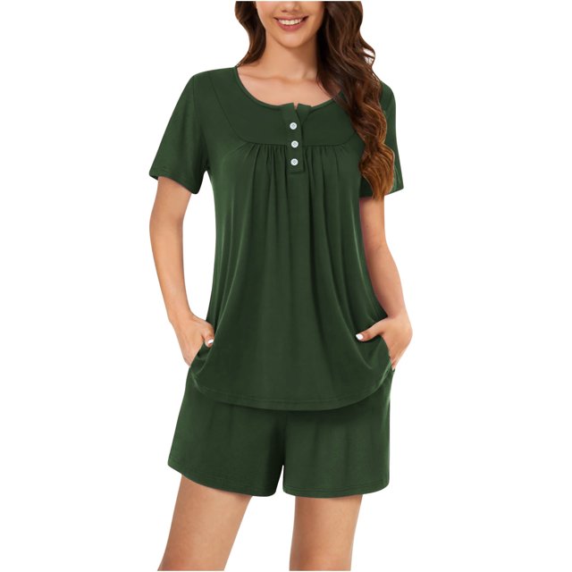 AherBiu Ensembles de Pyjama pour Femmes 2 Pcs Boutons Col Rond Hauts Ensemble de Pjs Shorts Confortables Vêtements de Nuit Vêtements de Nuit