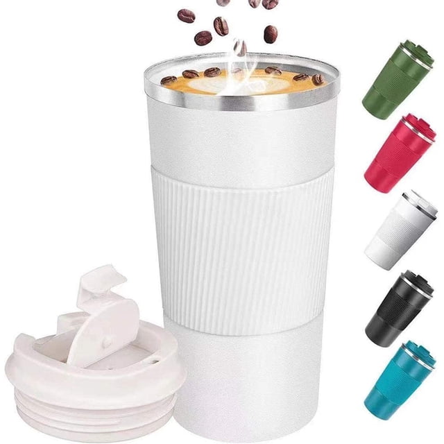 Tasse de Voyage en Acier Inoxydable à Isolation sous Vide - 510 ml, Blanche / Tasse à Café à Double Paroi avec Couvercle Étanche - Réutilisable pour Café Chaud Froid / Tasse Thermique avec Couvercle Protecteur Antidérapant