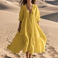 thumbnail image 1 of Pisexur Robes d'Été pour Femmes en Doux Lin-Coton Robes d'Été pour Femmes Décontractées à Col en V Manches 3/4 Robe Maxi Ample Confortable Fluide Robes pour Femmes Couleur Unie à Volants Boho Longues Robes P-2TG Jaune, 1 of 5