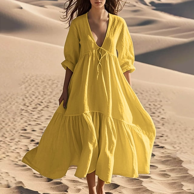 Pisexur Robes d'Été pour Femmes en Doux Lin-Coton Robes d'Été pour Femmes Décontractées à Col en V Manches 3/4 Robe Maxi Ample Confortable Fluide Robes pour Femmes Couleur Unie à Volants Boho Longues Robes P-2TG Jaune