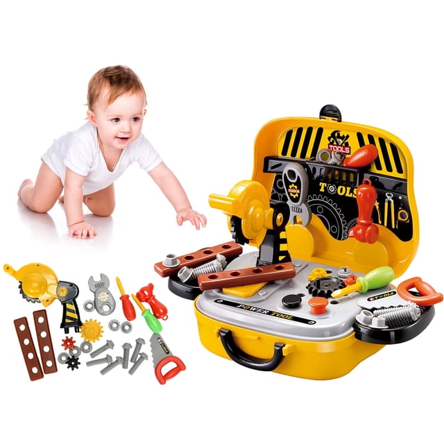 WLOELOEW Yellow Children'S Portable Toolbox Set Screwing Toys For Boys Educational Simulation Home Maintenance Tools Toys