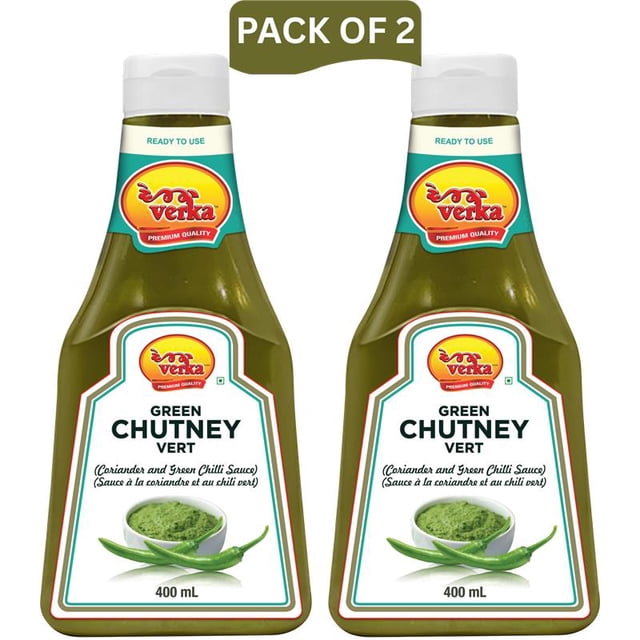 Verka Chutney Vert, 400 ml, Lot de 2. Deux Bouteilles Compressibles en Plastique recyclable de Chutney Vert vibrant Faites avec de la Coriandre Fraîche et des Piments Chili Verts, Offrant une Chaleur Audacieuse et Relevée. Chaque Bouteille Présente une Buse Sans Coulure pour une Distribution Sans Dégâts. Parfait pour Rehausser les samosas, les chaat, les sandwiches Ou les Viandes Grillées. Sans Gras, Sans Cholestérol et Faible en Calories avec du calcium et du Fer Ajoutés pour un Regain de Saveur Santé.