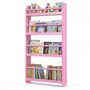 Costway Kids Bookshelf, 4-Tier Wall Mounted Book Shelf for Toys, Books, Hanging Bookcase Pink