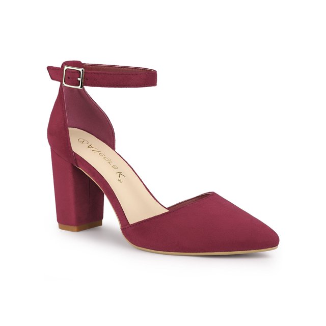 BLISSFUL STEP Escarpins à Bride à la Cheville pour Femmes Bout Pointu Talon Bloc Haut en Faux Suède Chaussures Habillées Bourgogne 6