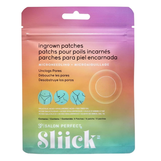 Sliick - Patchs Incarnés - Laisse la Peau Douce et Lisse - Microneedling - 9 Patchs dans une Pochette Refermable avec un Fond Dégradé Rose à Vert, Présentant un Texte Multilingue sur le Désengorgement des pores et une Peau Apaisante avec Acide Salicylique, Acide Hyaluronique et Huile d'Arbre à Thé, et des Icônes Montrant l'Utilisation du patch sur les Zones du bikini, du Visage et des Aisselles pour un Traitement Ciblé de l'Acné et l'Hydratation de la Peau.