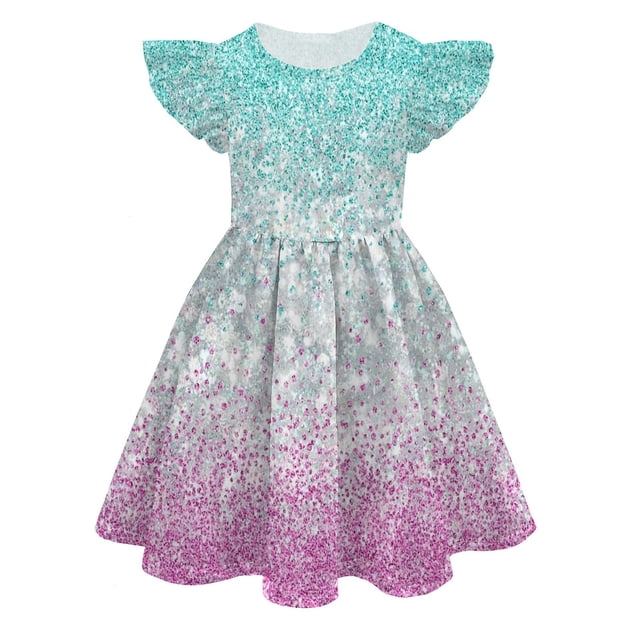 WEAIXIMIUNG Robe de Graduation Filles Été Couleur Impression Numérique 3D Mignonne Personnalité Mode Robe Manches Volantes 10-11 Ans