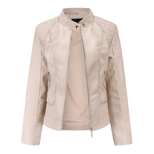 Veste de Moto en Cuir pour Femmes Col Montant Ajustée avec Fermeture Éclair