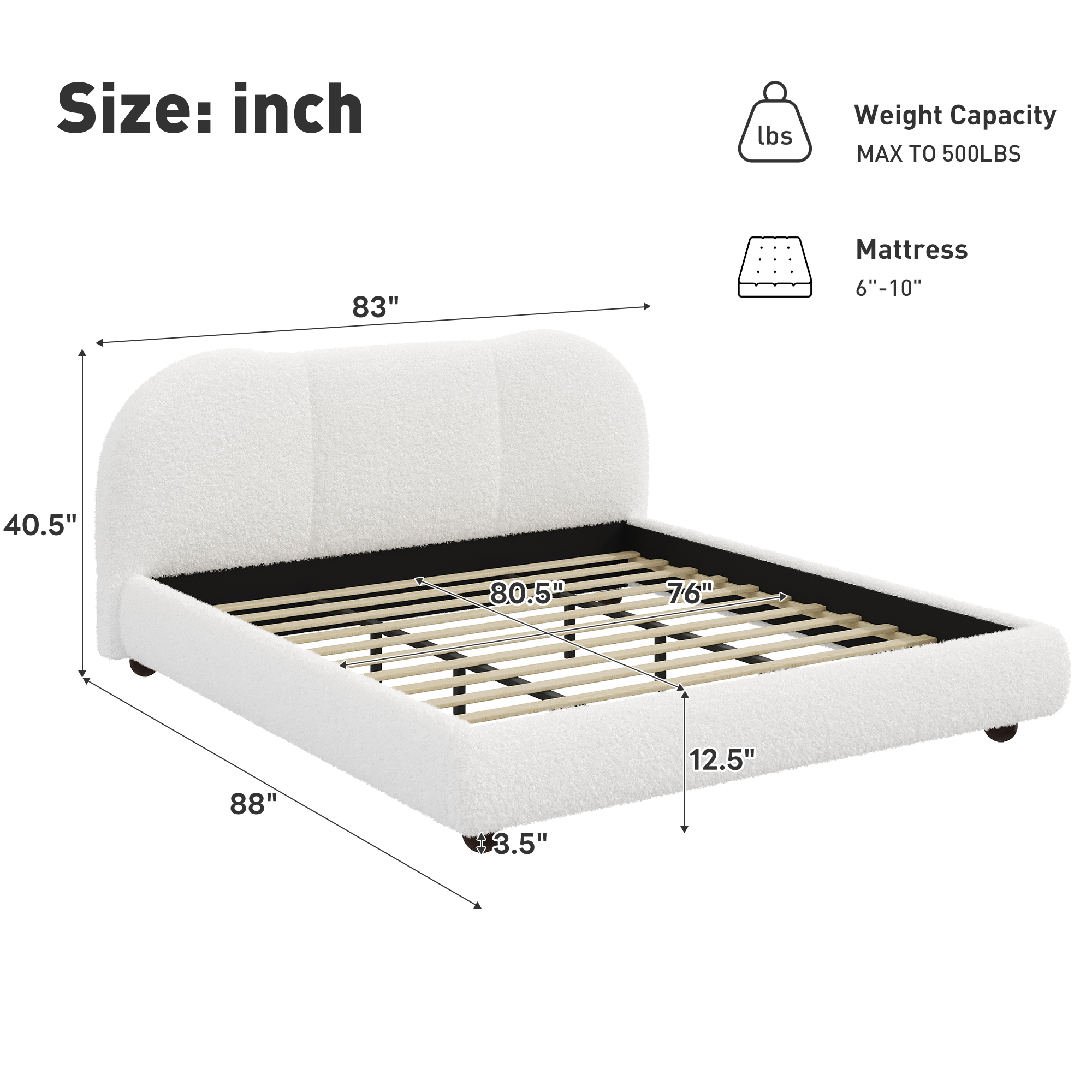 Homy Casa Lit Plateforme Très Grand Format en Bouclé, Tête de Lit Courbée Rembourrée, Lit en Tissu Teddy Sans Sommier