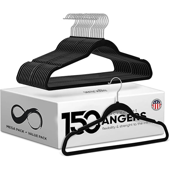 SereneLife, Velvet Hangers, Hangers 150 Pack, Black Velvet Hangers, Hangers Space Saving Heavy Duty Clothes Hanger Set, Coat Hanger, Hangers for Suits, Jackets, Pants, & Dresses