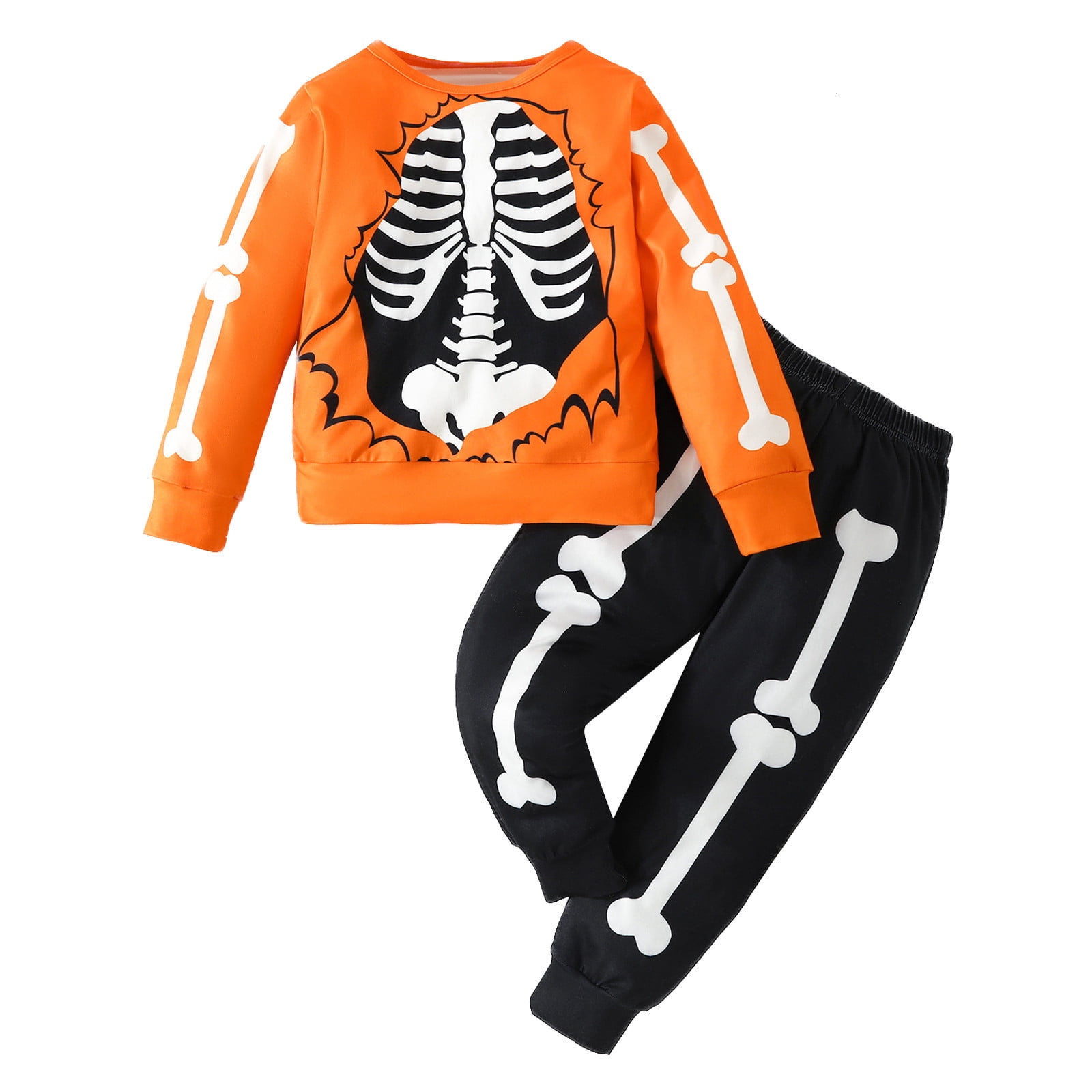 Kisingrit Toddler Boys Halloween Skeleton Print Long Sleeve Tops And Pants Casual Sports Outfit Set For Kids