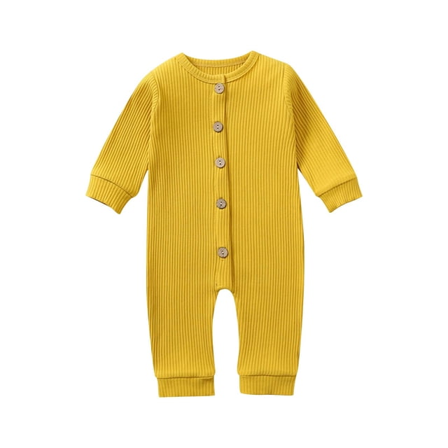 UAMVSH Newborn Baby Boy Girl Rompers Ribbed Knitted Onesie Clothes Infant Long Sleeve Button down Jumpsuits Fall Winter(12-18 Months,Yellow)