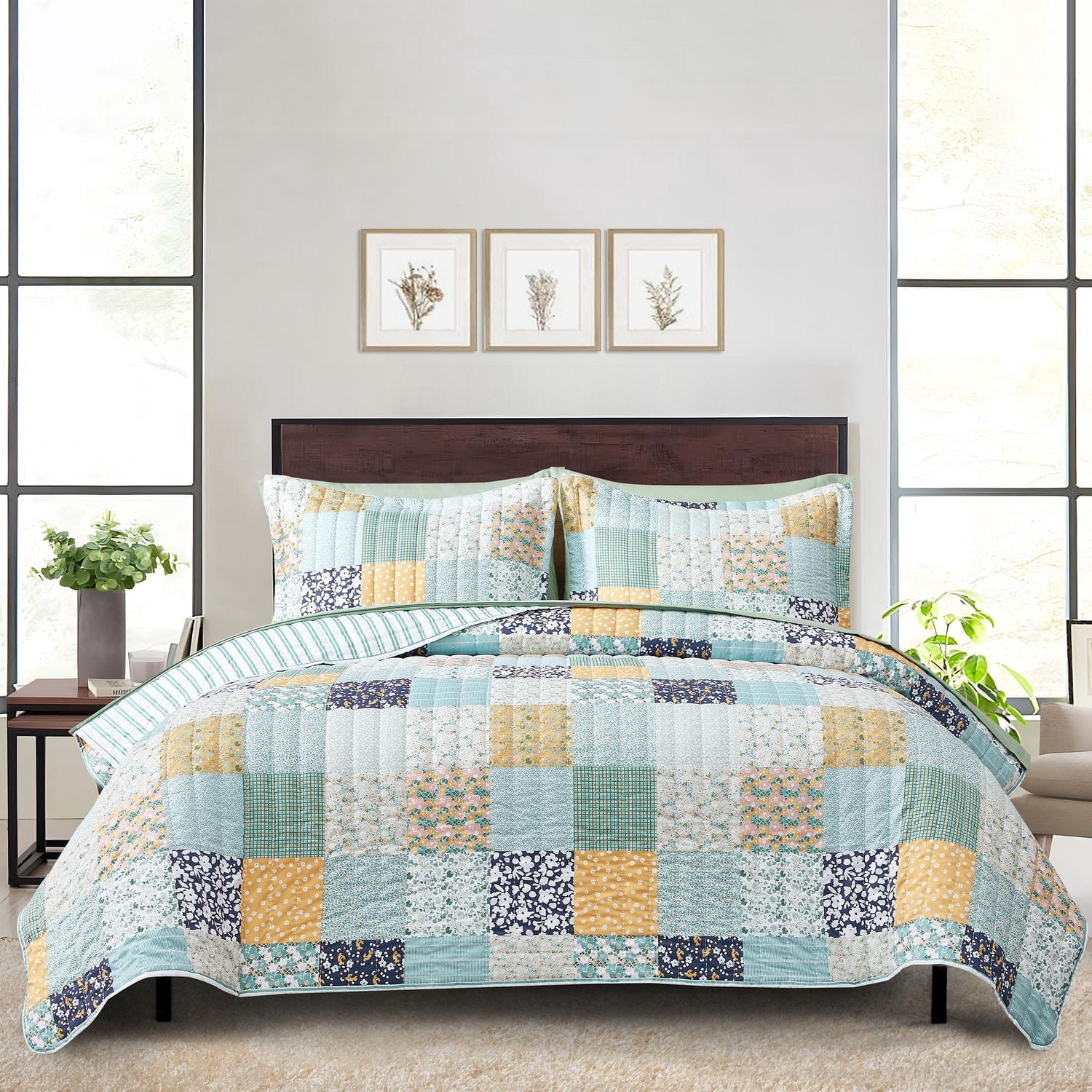 Mainstays Ensemble courtepointe et drap-housse légers tout-en-un - 7 pièces, Lit 2 PL, Patchwork