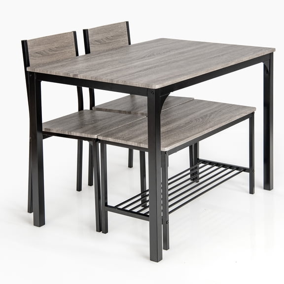 Patiojoy 4PCS Dining Table Set Kitchen Table with Bench and Chairs Industrial Gathering Bench Dining Set Grey
