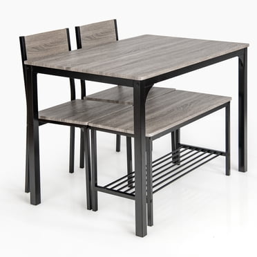 Patiojoy 4PCS Dining Table Set Kitchen Table with Bench and Chairs Industrial Gathering Bench Dining Set Grey
