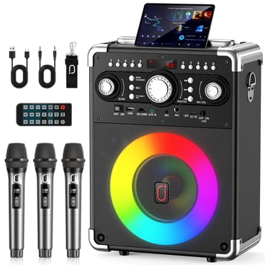 JYX Machine de Karaoké avec 3 Microphones, Haut-Parleur Bluetooth avec Radio FM, Spectacle de Lumières LED, Machine à Chanter Système de Karaoké pour la Maison pour Fête