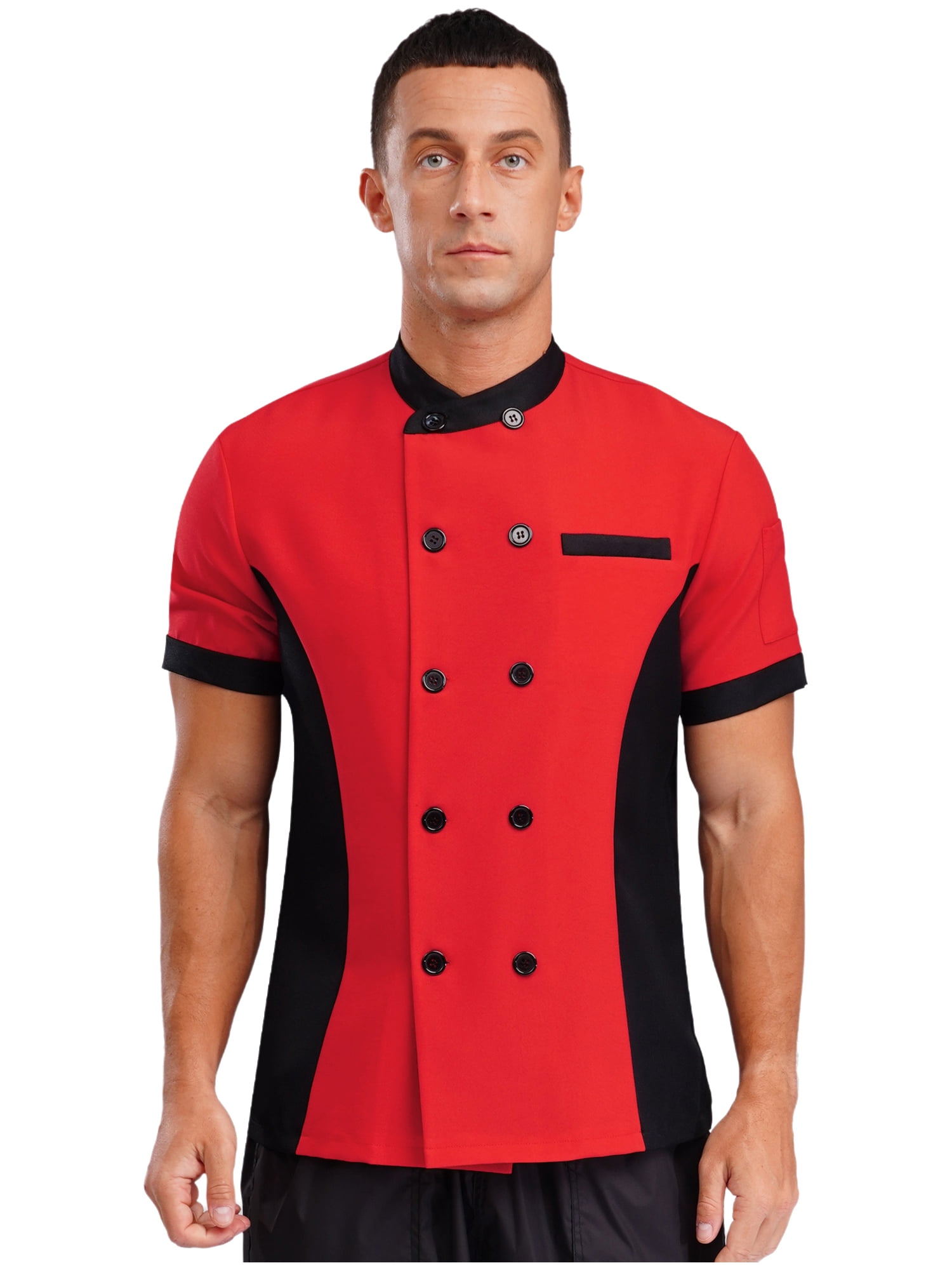 TiaoBug Unisex Chef Jacket Double Breasted Short Sleeve Chef Coat Hotel Restaurant Kitchen Work Wear Red&Black XXL