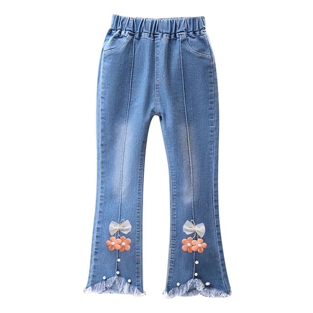 QIPOPIQ Jeans Ajustés à Taille Élastique pour Filles, Pantalon en Denim Simple Mode Déchiré 2-13 Ans Liquidation