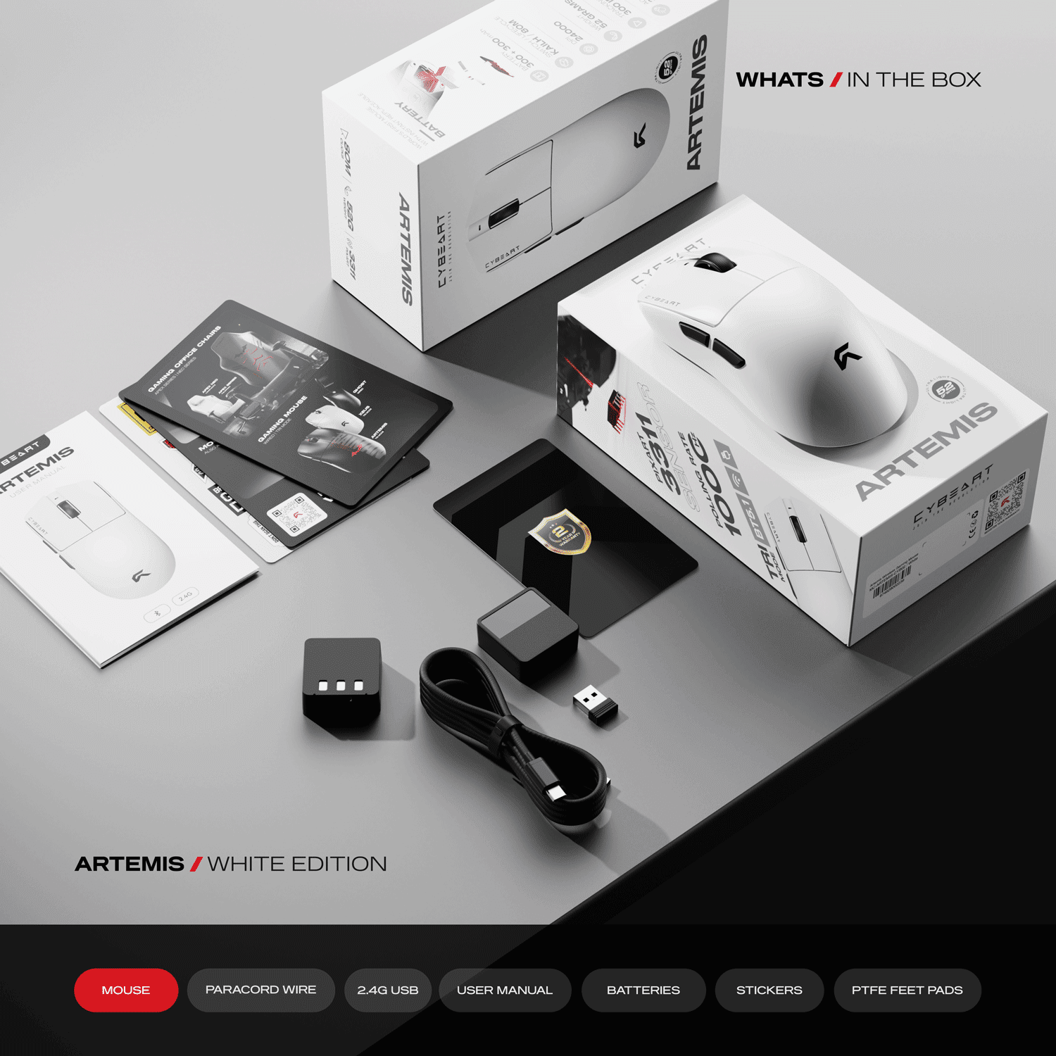 CYBEART | Artemis 52g Ultra-light Wireless Gaming Mouse | Dual 300mA Hyperswap™ Battery | 24,000 DPI | 1K Polling Rate | 80M Kailh Switches | Tri Mode