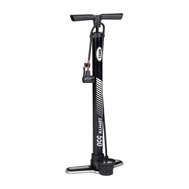 Bell Sports Zephyr™ 550 Floor Pump with a durable black steel barrel, wide steel base, dual pump head for Presta and Schrader valves, and a base-mounted pressure gauge for inflating bike tires up to 100 PSI, suitable for cruiser, mountain, BMX, and road bikes.