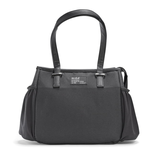 Fit And Fresh Copley Lunch Bag Black Polyester front-facing rectangular insulated lunch bag with long shoulder straps, two side bottle pockets and wide top zipper opening. Measures 13.7"L x 11"H x 6.5"W, polyester exterior and triple-layer foam thermal insulation; suitable for work lunches and also often used as a compact picnic tote.
