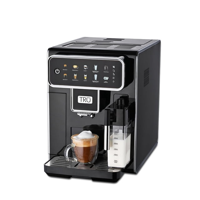 TRU Fully Automatic Espresso Machine, All in One, front 3/4 view showing black espresso machine with LED touchscreen featuring nine preset drink options, integrated burr grinder, and transparent 360ml milk container. A glass cup with cappuccino topped with foam sits on the drip tray, ideal for convenient home brewing.
